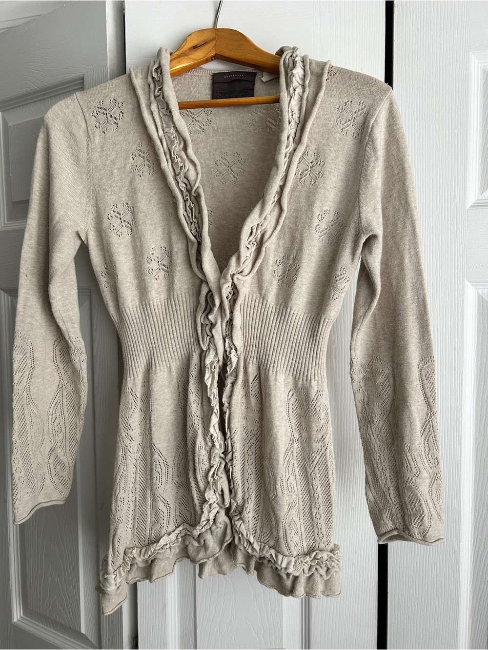 Anthropologie Guinevere Ruffled Cardigan Sweater - Beige/Cream